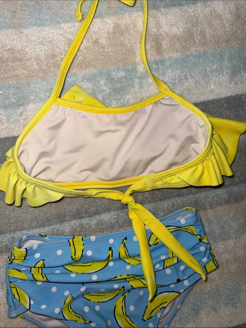 SHEIN Yellow Ruffle Bikini Top with Blue Banana-Print Bottom